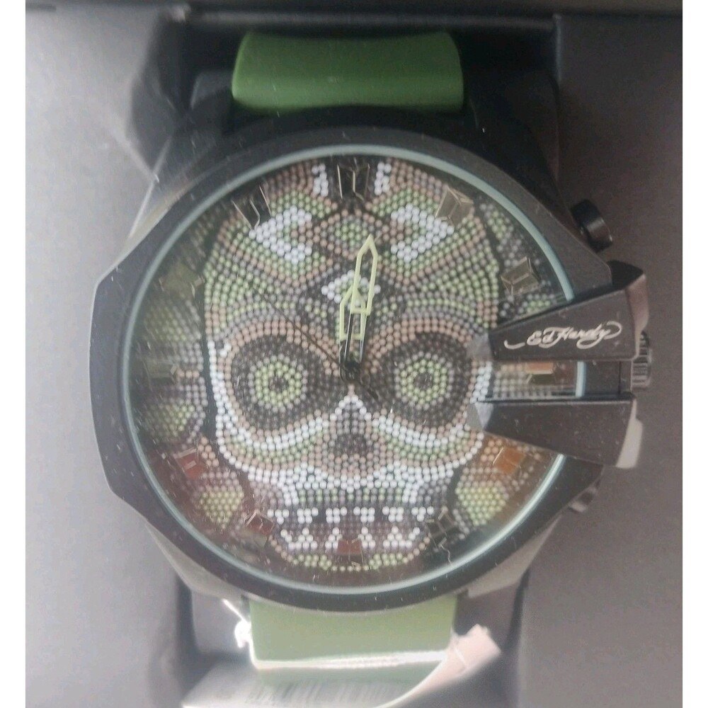 Ed Hardy Watch Colorful Skull Face New In Box Mens Fashion Green Band
